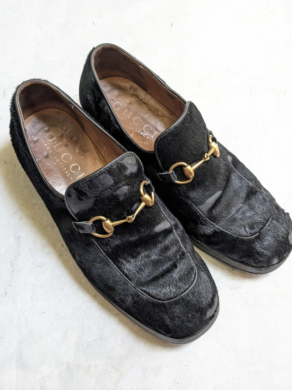 Gucci Men’s Black Horsebit Leather Loafers Size 9 Pony Hair Heeled Vintage